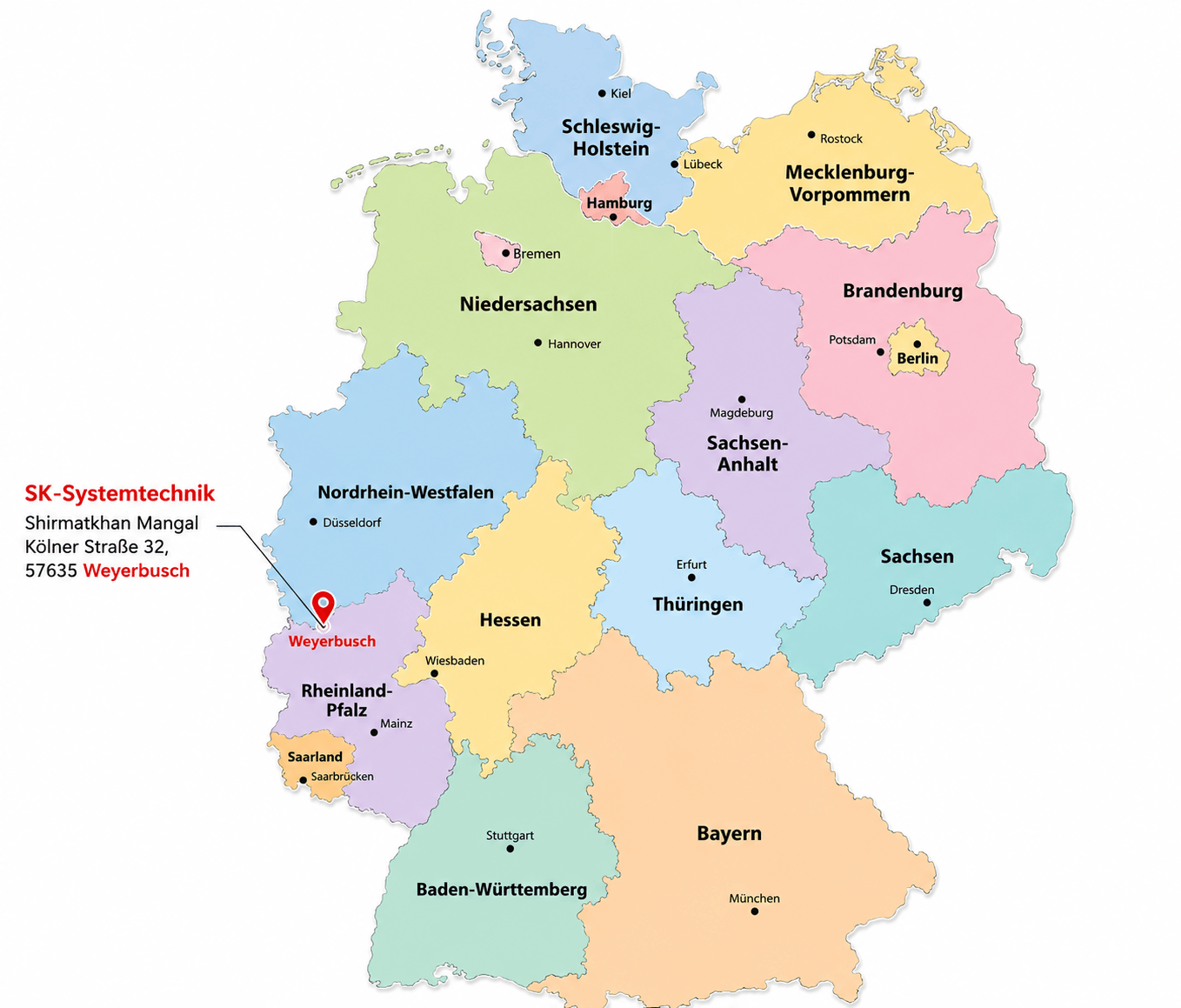 Deutschlandkarte mit Bundesländern und Standortmarkierung für SK-Systemtechnik in Weyerbusch